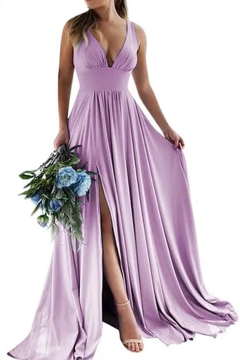 Dusty Rose A-Line Ruched Long Bridesmaid Dress with Slit