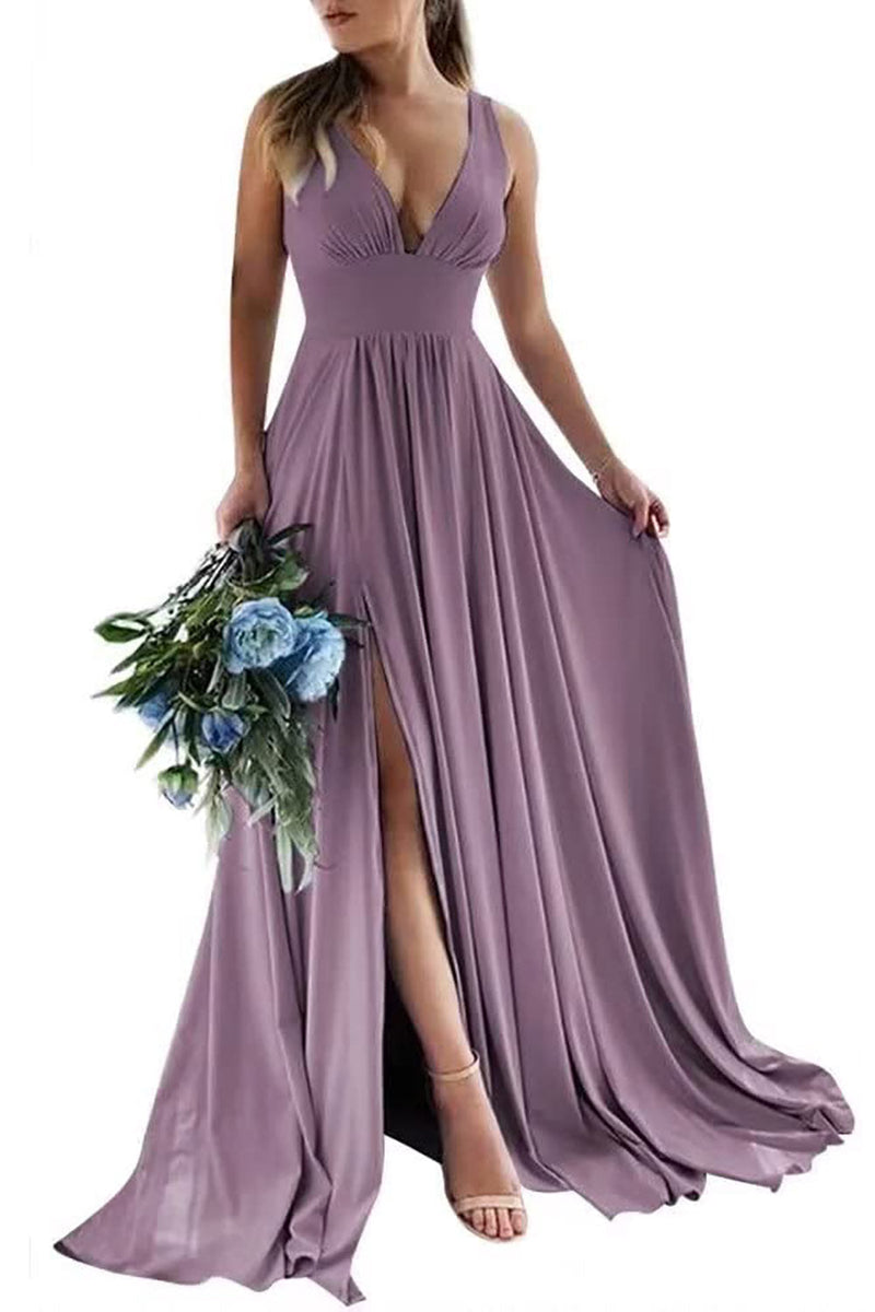 Load image into Gallery viewer, Dusty Rose A-Line Ruched Long Bridesmaid Dress with Slit