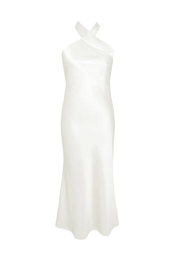 Ivory Sheath Halter Neck Backless Ankle-Length Bridesmaid Dress
