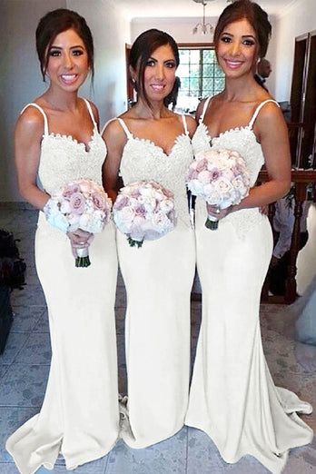 Ivory Mermaid Spaghetti Straps Long Bridesmaid Dress with Lace