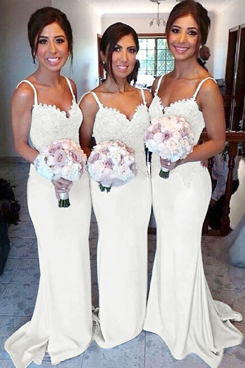 Load image into Gallery viewer, Ivory Mermaid Spaghetti Straps Long Bridesmaid Dress with Lace