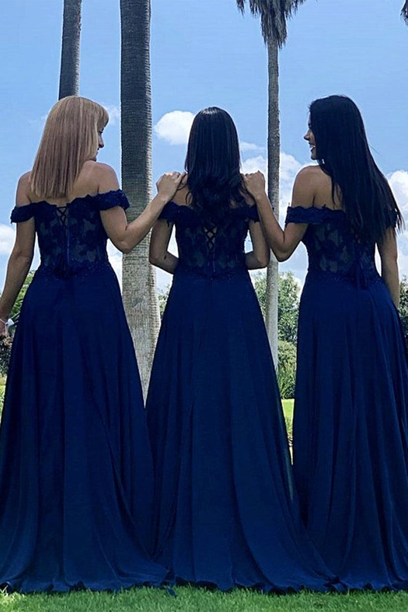 Load image into Gallery viewer, Navy A-Line Corset Long Chiffon Bridesmaid Dress with Lace
