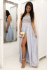 Load image into Gallery viewer, Grey A-Line Illusion Round Neck Long Chiffon Bridesmaid Dress with Lace