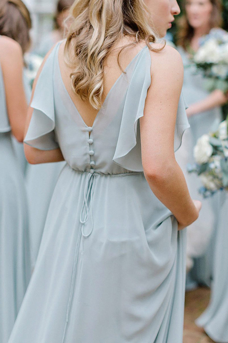 Load image into Gallery viewer, Dusty Sage A-Line Long Chiffon Bridesmaid Dress with Ruffles