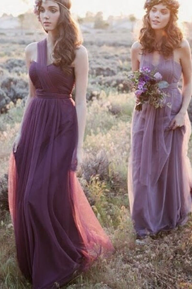 Load image into Gallery viewer, Dusty Rose A-Line Covertible Pleated Tulle Long Bridesmaid Dress