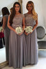 Load image into Gallery viewer, Grey A-Line Boat Neck Long Chiffon Boho Bridesmaid Dress with Lace