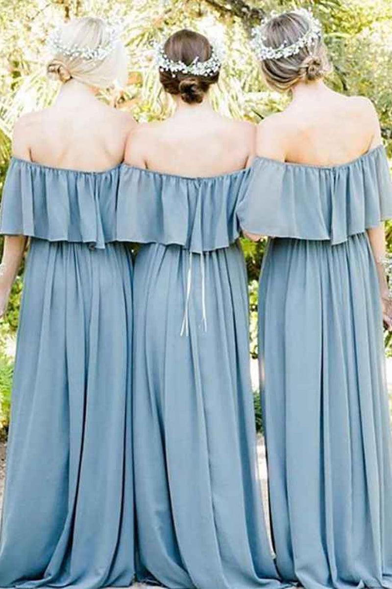 Load image into Gallery viewer, Dusty Blue A-Line Off the Shoulder Long Chiffon Boho Bridesmaid Dress