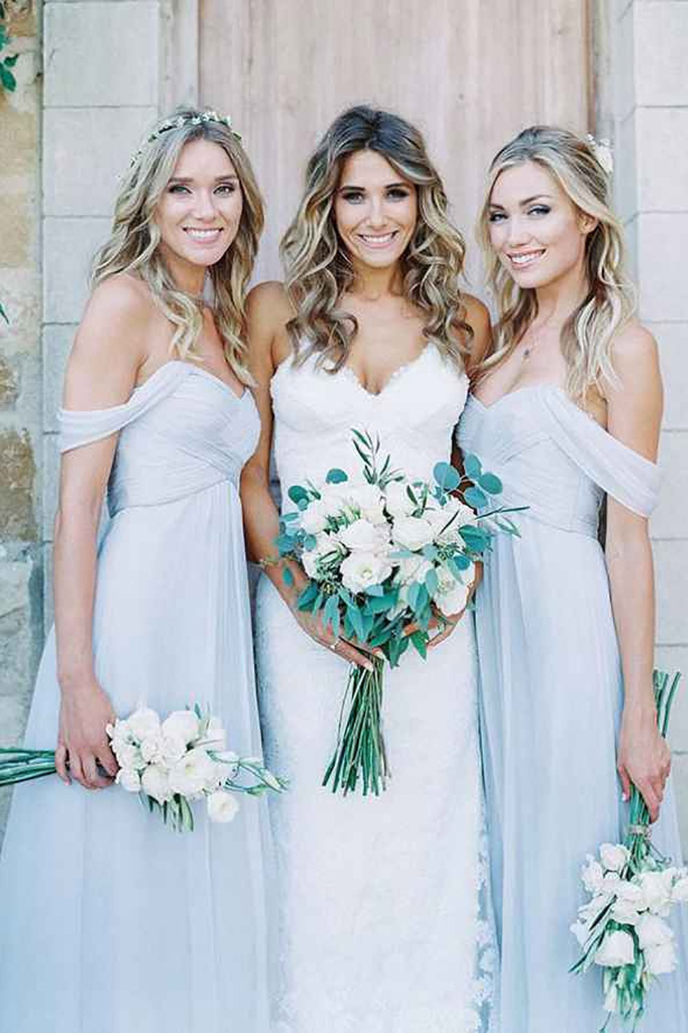 Light Blue A-Line Off the Shoulder Long Chiffon Boho Bridesmaid Dress