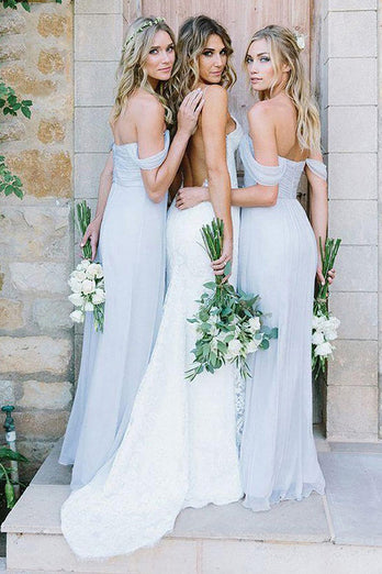 Light Blue A-Line Off the Shoulder Long Chiffon Boho Bridesmaid Dress