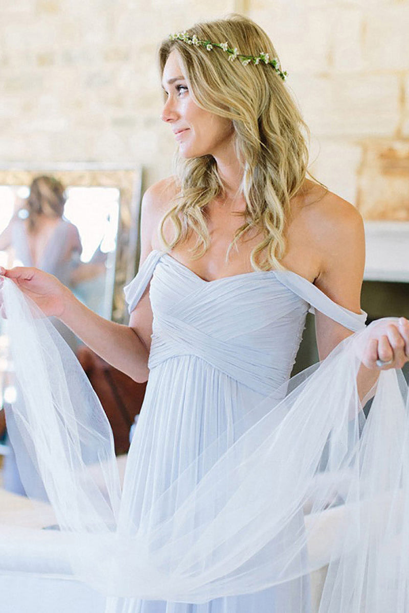 Load image into Gallery viewer, Light Blue A-Line Off the Shoulder Long Chiffon Boho Bridesmaid Dress