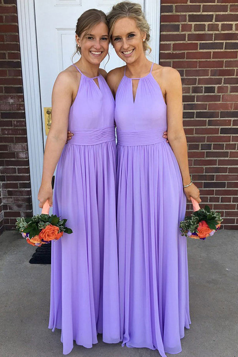 Load image into Gallery viewer, Lavender A-Line Round Neck Long Pleated Chiffon Boho Bridesmaid Dress