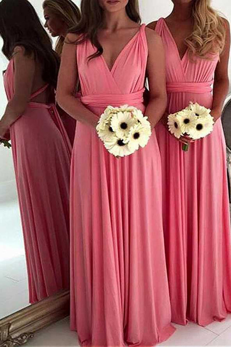 Load image into Gallery viewer, Watermelon A-Line Covertible Long Pleated Chiffon Boho Bridesmaid Dress