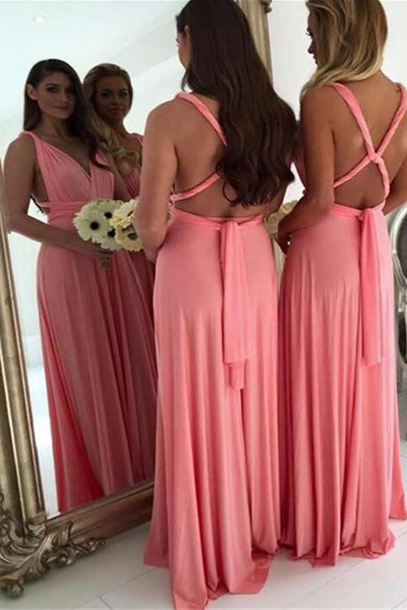 Load image into Gallery viewer, Watermelon A-Line Covertible Long Pleated Chiffon Boho Bridesmaid Dress