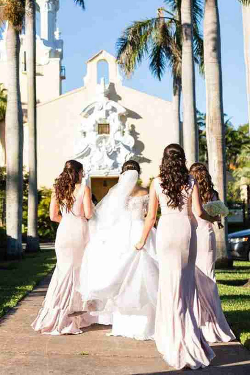 Load image into Gallery viewer, Dusty Rose Fitted Bateau Long Mermaid Bridesmaid Dress