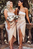 Load image into Gallery viewer, Champagne Satin One Shoulder High Low Bridesmaid Dress