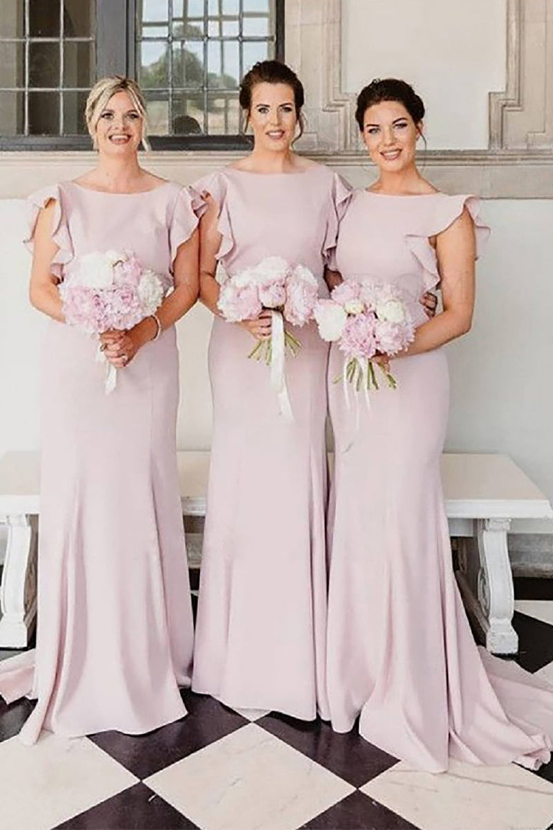 Load image into Gallery viewer, Dusty Rose Flutter Sleeve Backless Mermaid Long Bridesmaid Dress