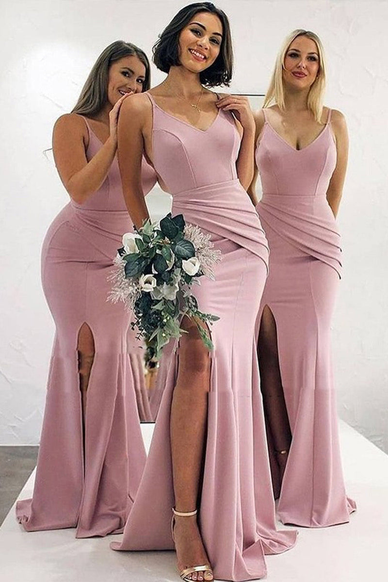 Load image into Gallery viewer, Dusty Rose Spaghetti Straps Mermaid Long Bridesmaid Dress with Side Slit