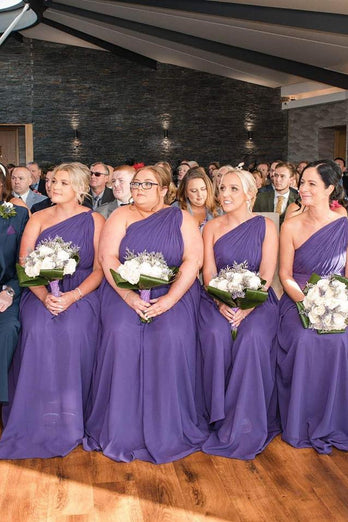 Purple Chiffon One Shoulder Tunic A-Line Long Bridesmaid Dress