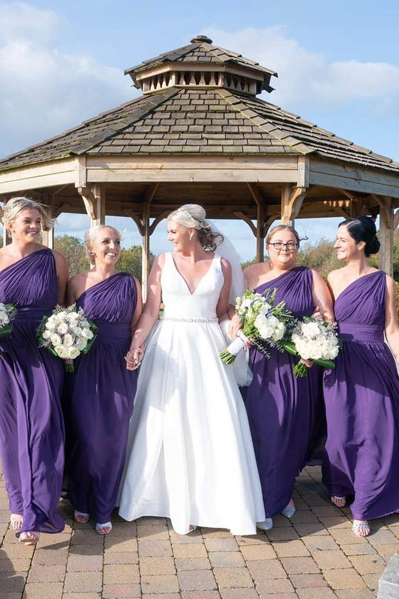 Load image into Gallery viewer, Purple Chiffon One Shoulder Tunic A-Line Long Bridesmaid Dress