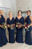 Load image into Gallery viewer, Navy Satin V-Neck Fitted Long Sleeve Long Bridesmaid Dress