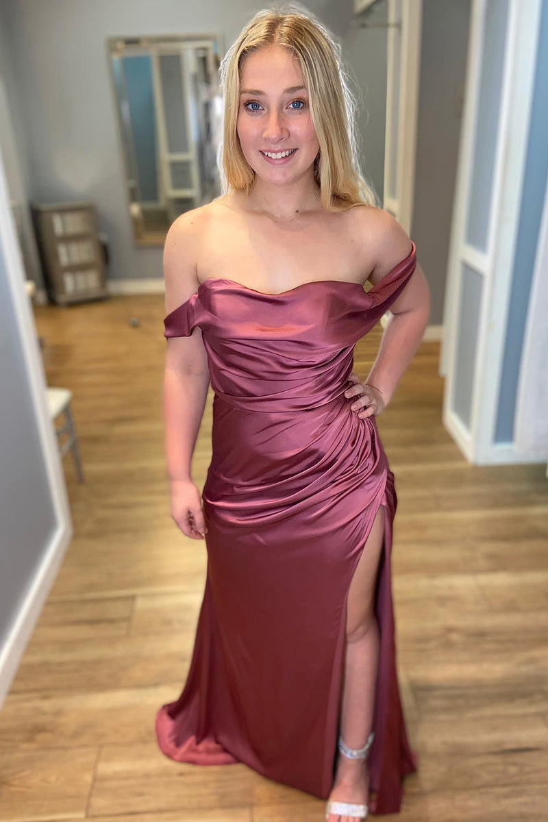 Load image into Gallery viewer, Vintage Mauve Satin Off The Shoulder Long Bridesmaid Dress With Slit