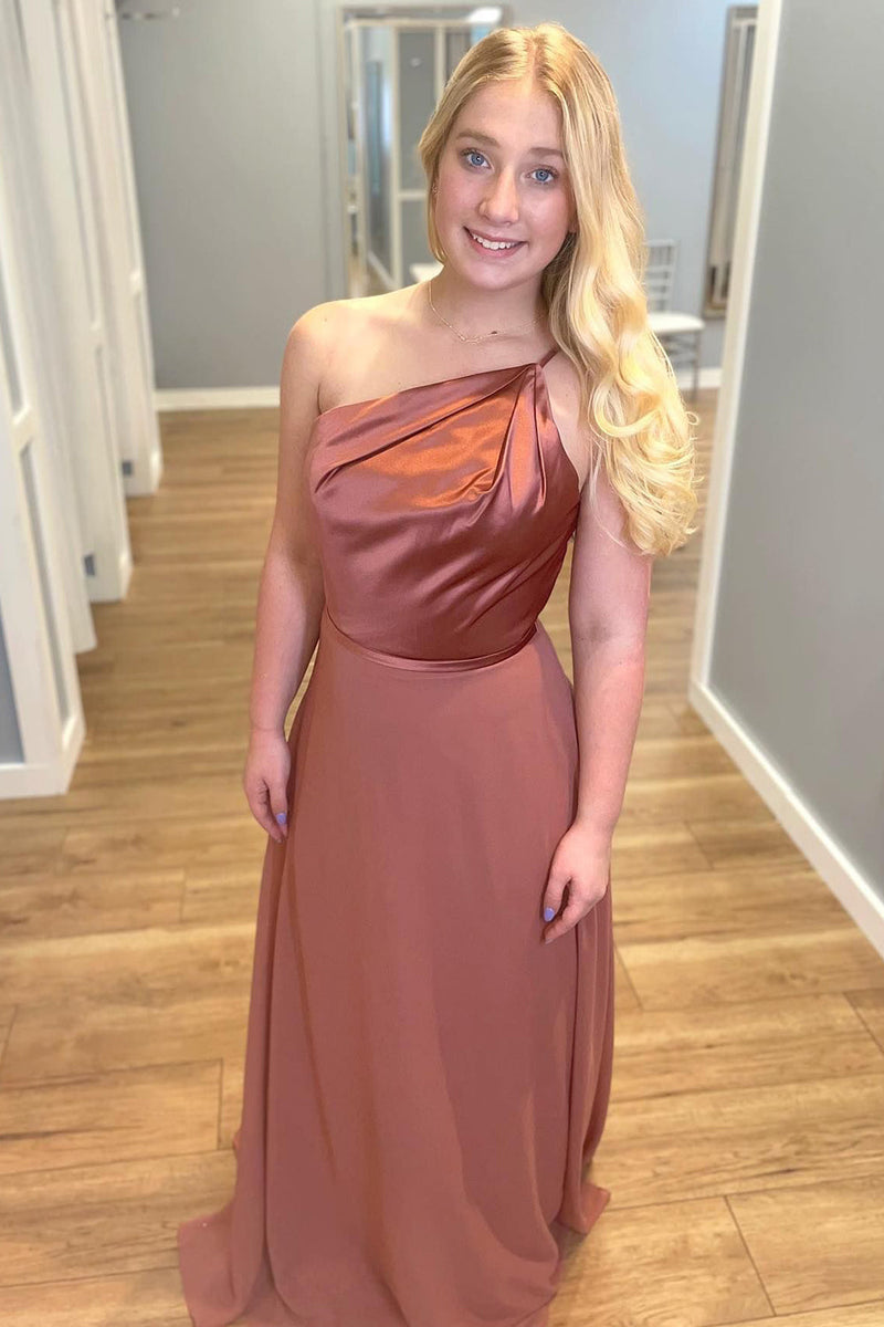 Load image into Gallery viewer, Dusty Rose Satin One Shoulder Long Bridesmaid Dress