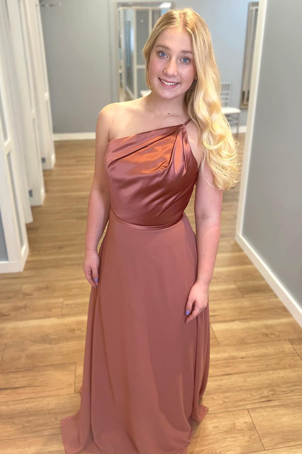 Dusty Rose Satin One Shoulder Long Bridesmaid Dress