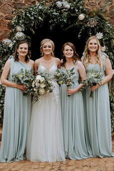 Grey Green Chiffon One Shoulder A-Line Long Bridesmaid Dress