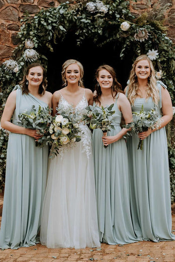 Grey Green Chiffon Spaghetti Straps A-Line Long Bridesmaid Dress