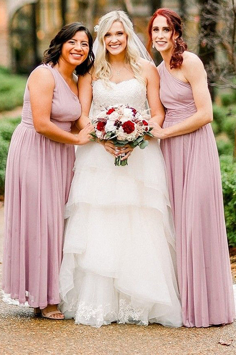 Load image into Gallery viewer, Dusty Rose Chiffon One Shoulder A-Line Long Bridesmaid Dress