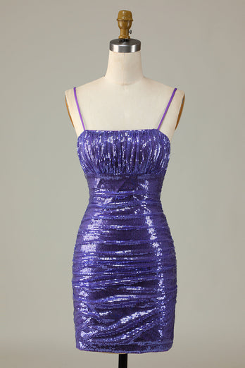 Sparkly Purple Sequins Spaghetti Straps Tight Short Party Dress