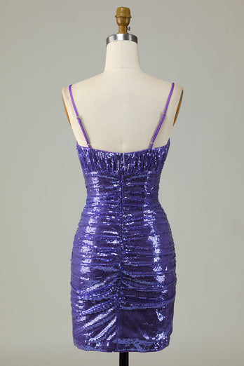 Sparkly Purple Sequins Spaghetti Straps Tight Short Party Dress