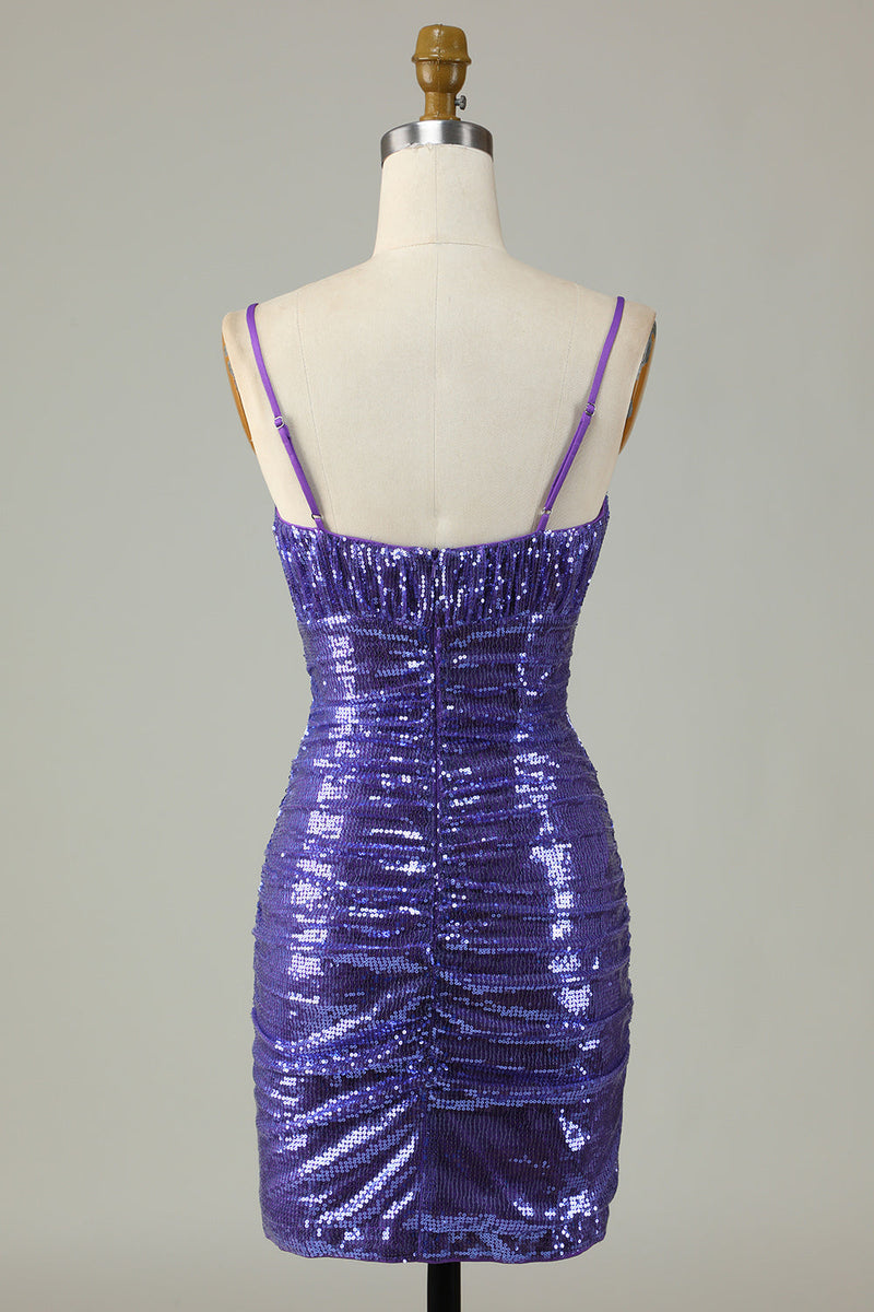 Load image into Gallery viewer, Sparkly Purple Sequins Spaghetti Straps Tight Short Party Dress