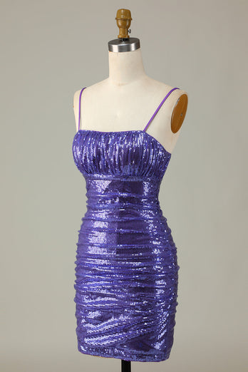 Sparkly Purple Sequins Spaghetti Straps Tight Short Party Dress