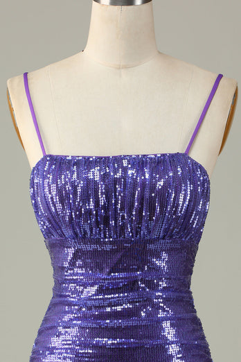 Sparkly Purple Sequins Spaghetti Straps Tight Short Party Dress