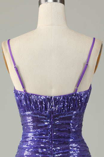 Sparkly Purple Sequins Spaghetti Straps Tight Short Party Dress