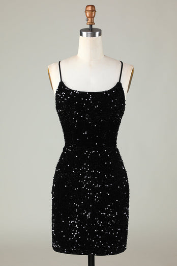 Glitter Black Zipper Back Tight Sequins Short Party Dress