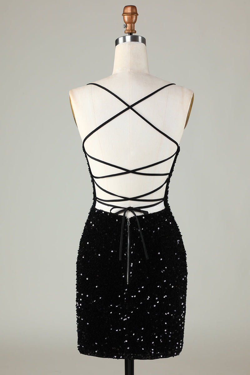 Load image into Gallery viewer, Sparkly Black Zipper Backless Sequins Tight Short Party Dress