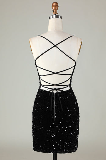 Glitter Black Zipper Back Tight Sequins Short Party Dress