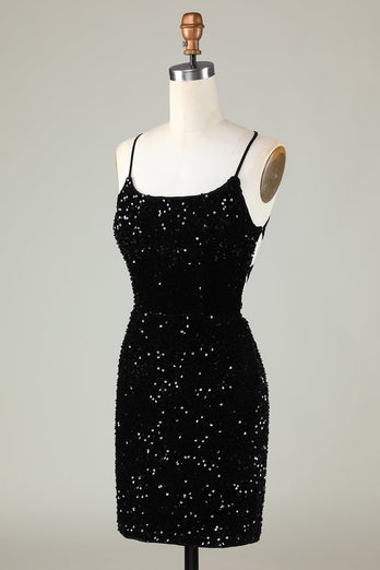 Sparkly Black Zipper Backless Sequins Tight Short Party Dress