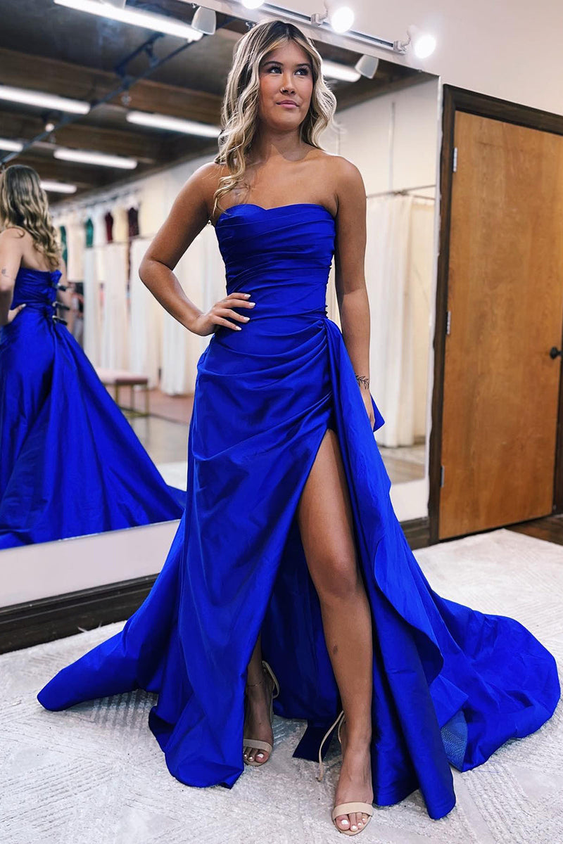 Load image into Gallery viewer, Royal Blue Sheath Strapless Long Prom Dress with Slit