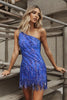 Load image into Gallery viewer, Sparkly Blue One Shoulder Sequined Tight Short Party Dress with Fringes