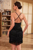 Load image into Gallery viewer, Sheath Spaghetti Straps Black Sequins Beaded 1920s Dress with Fringes