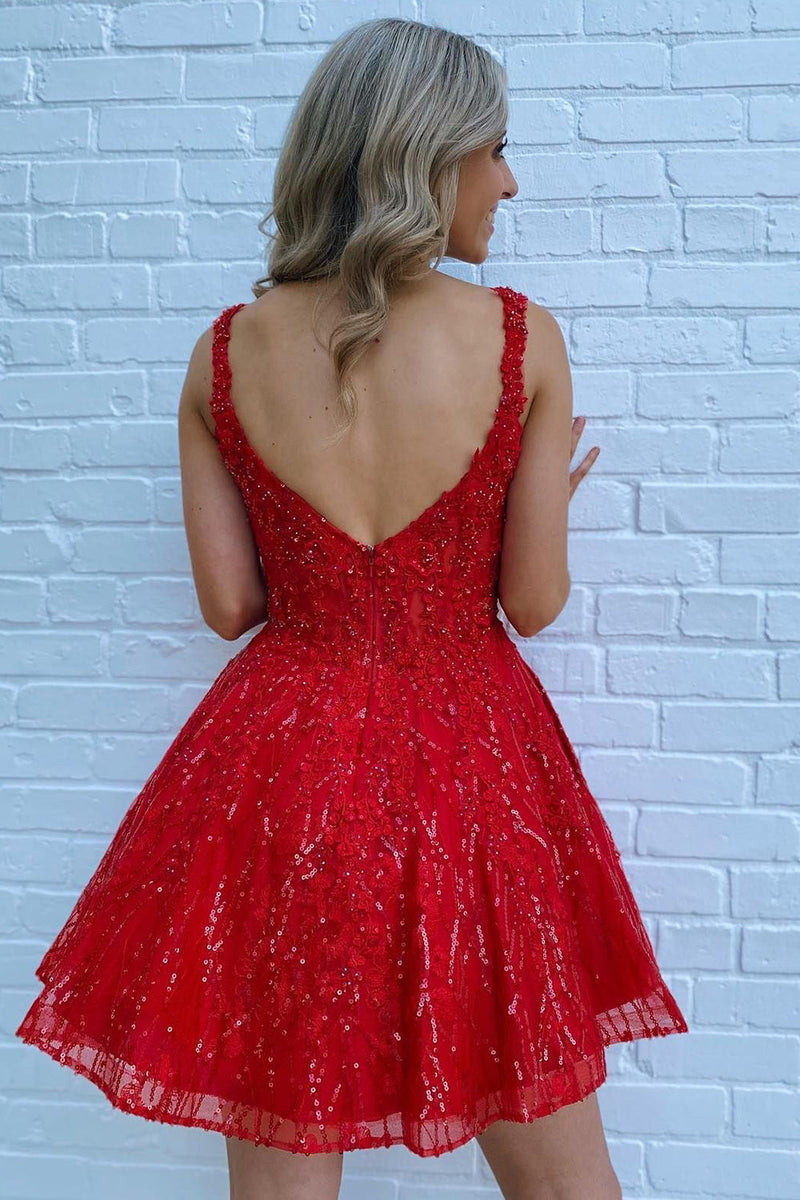 Load image into Gallery viewer, Sparkly Red Sequins A-Line Short Prom Dress with Pockets