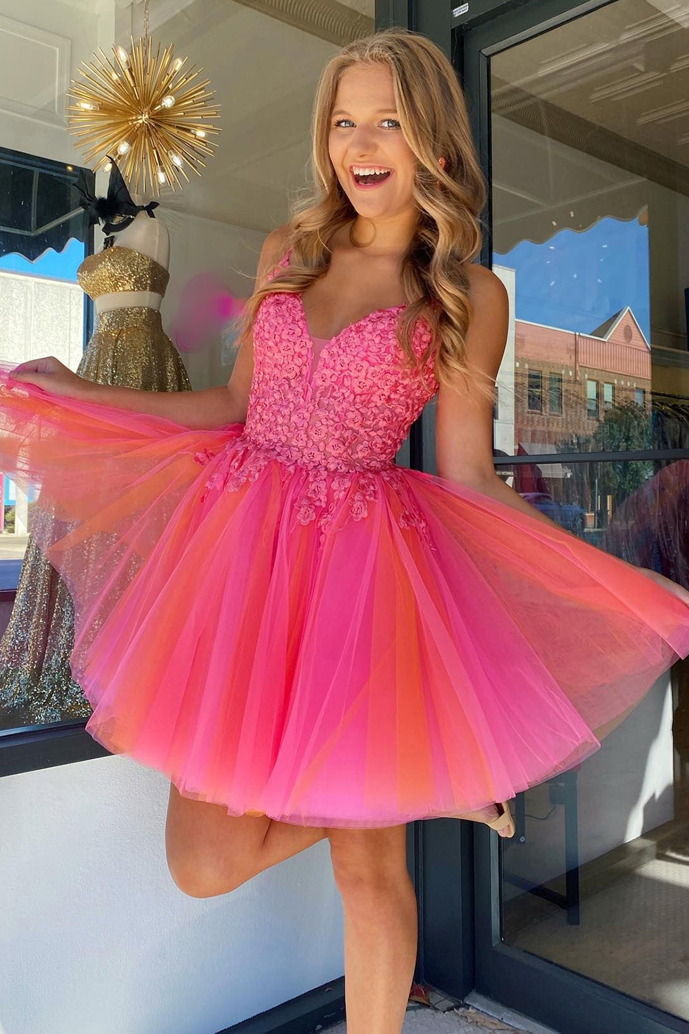 Hot Pink A-Line Tulle Short Prom Dress with Lace