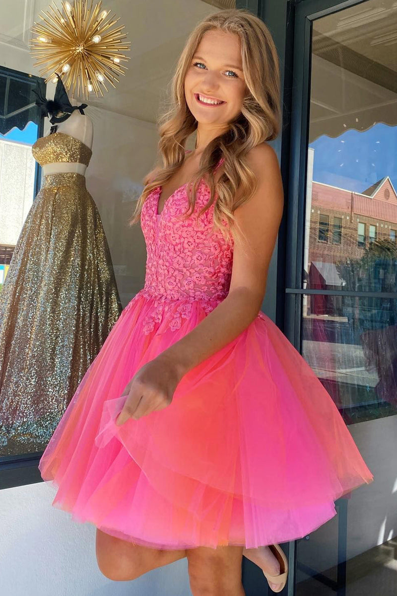 Load image into Gallery viewer, Hot Pink A-Line Tulle Short Prom Dress with Lace