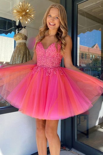 Hot Pink A-Line Tulle Short Prom Dress with Lace