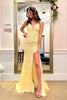 Load image into Gallery viewer, Spaghetti Straps Yellow Long Prom Dress with Appliques