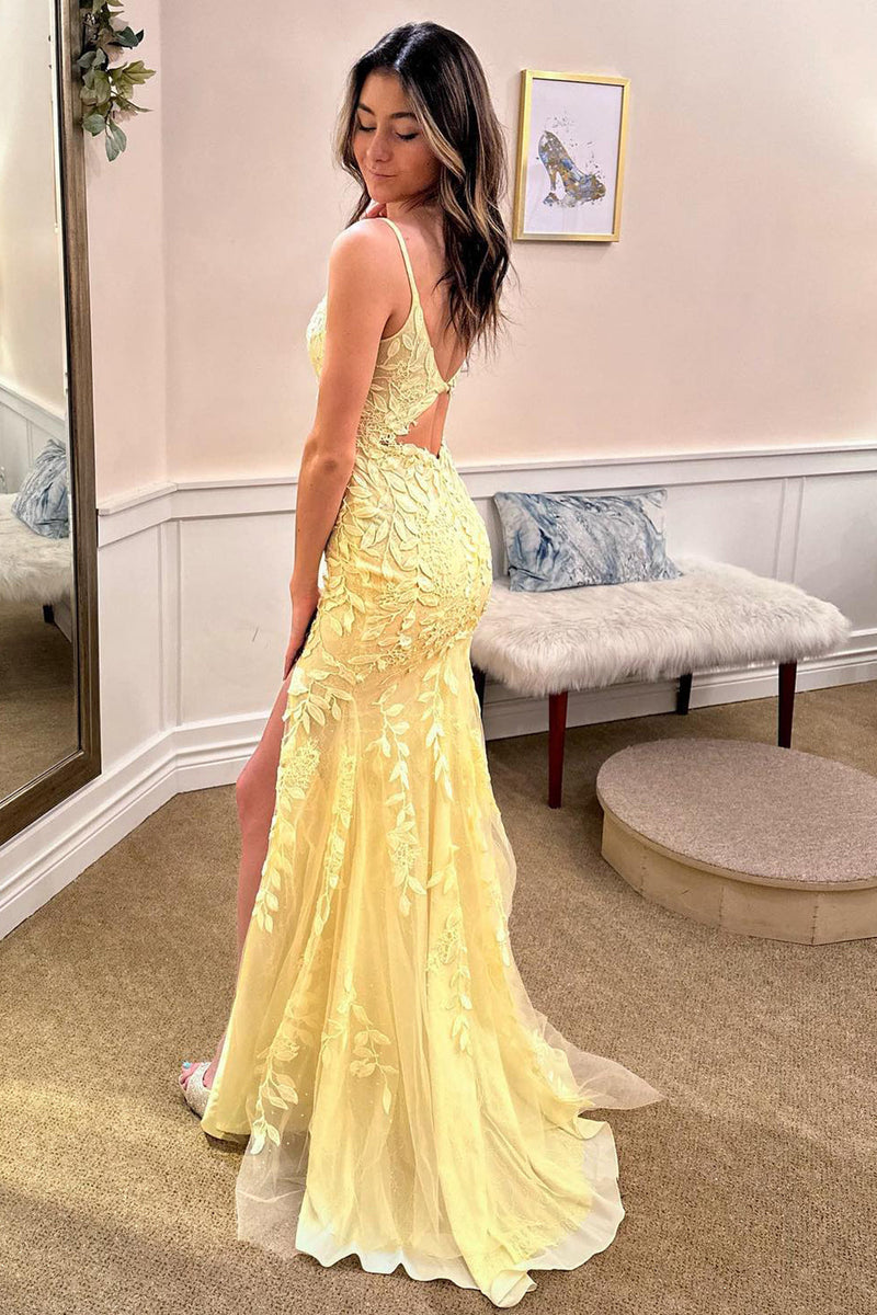 Load image into Gallery viewer, Spaghetti Straps Yellow Long Prom Dress with Appliques