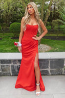 Arielle Red Sheath Strapless Corset Satin Prom Dress with Slit and  Appliques